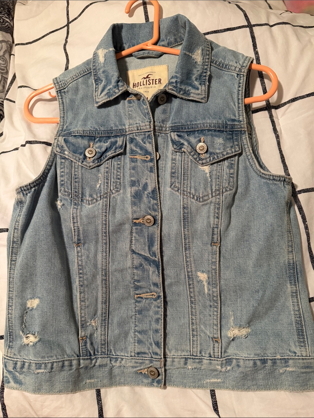 Hollister Light Blue Distressed Denim Vest